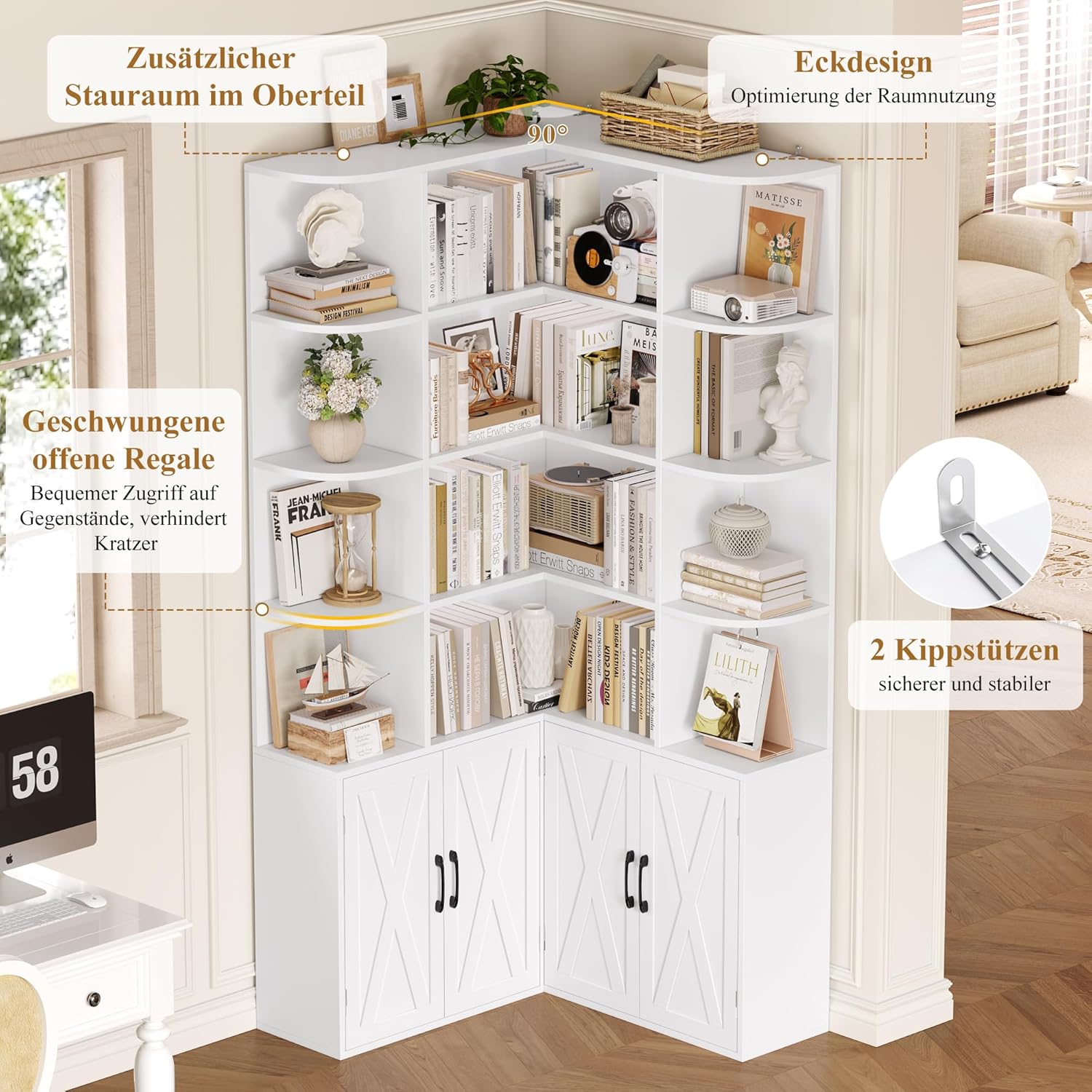FirFurd 187cm Bücherregal mit Türen Eckregal mit 12 Fächern L-förmiger Bücherschrank Vitrinenschrank aus Holz Hochschrank Regal mit Türen für Wohnzimmer Arbeitszimmer Büro Küche 187 x 80 x 80cm Weiß