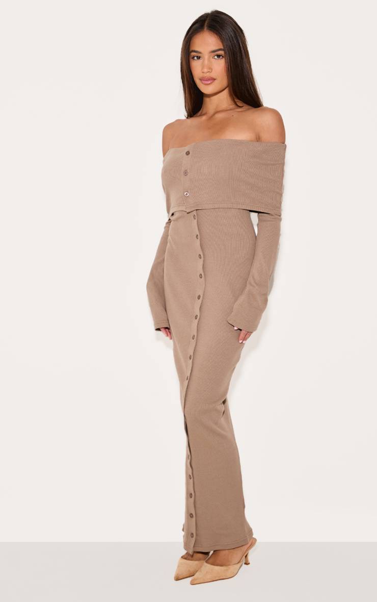 Robe Maxi Côtelée Bardot Avec Col Rabattu Et Boutons