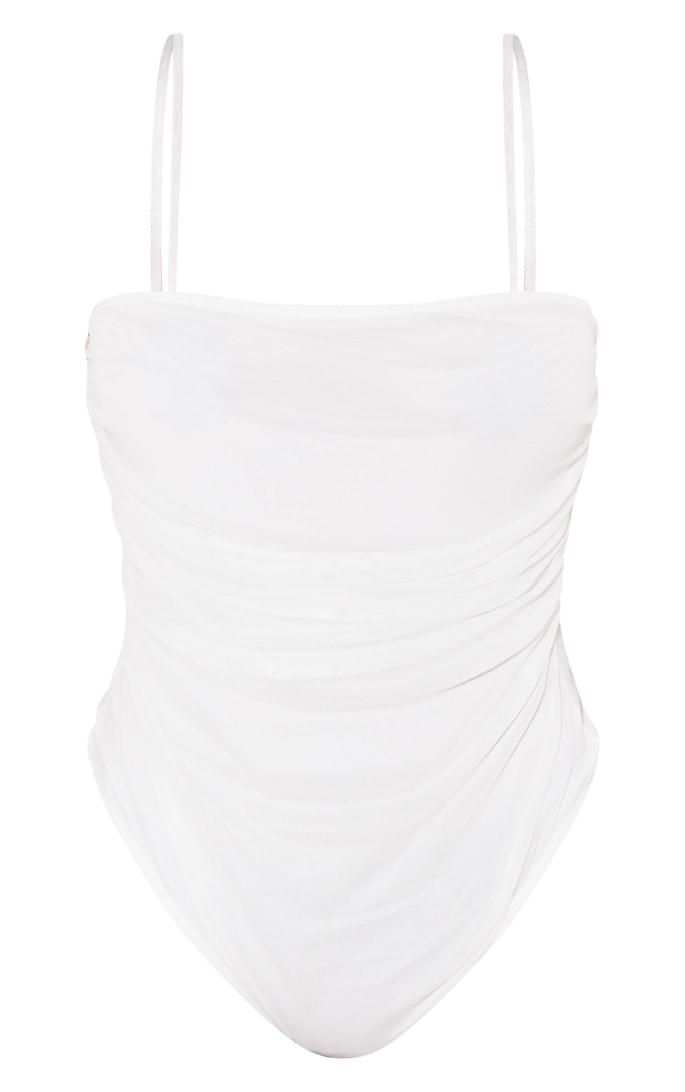 Blanc Body String À Détails Froncés En Mesh Shape