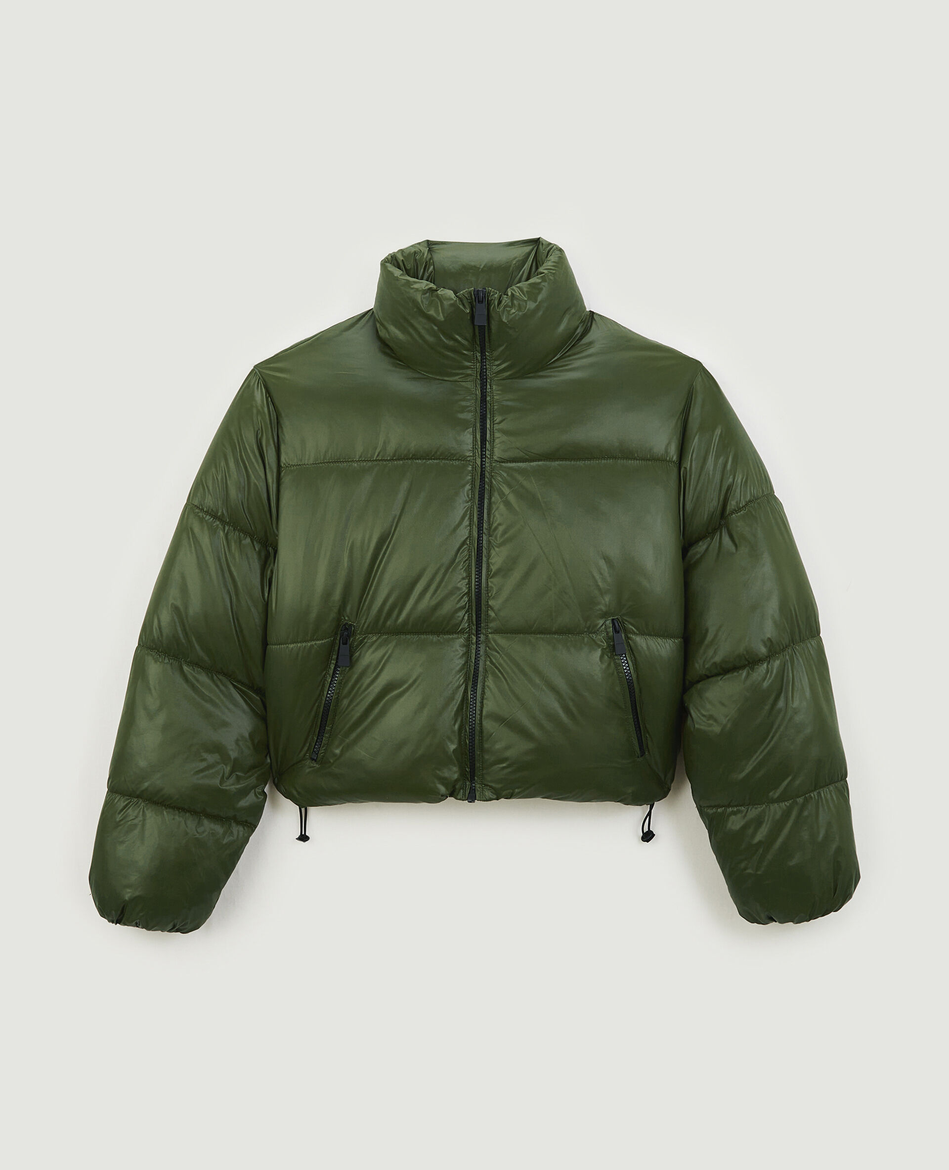 Doudoune courte matière brillante - Vert olive