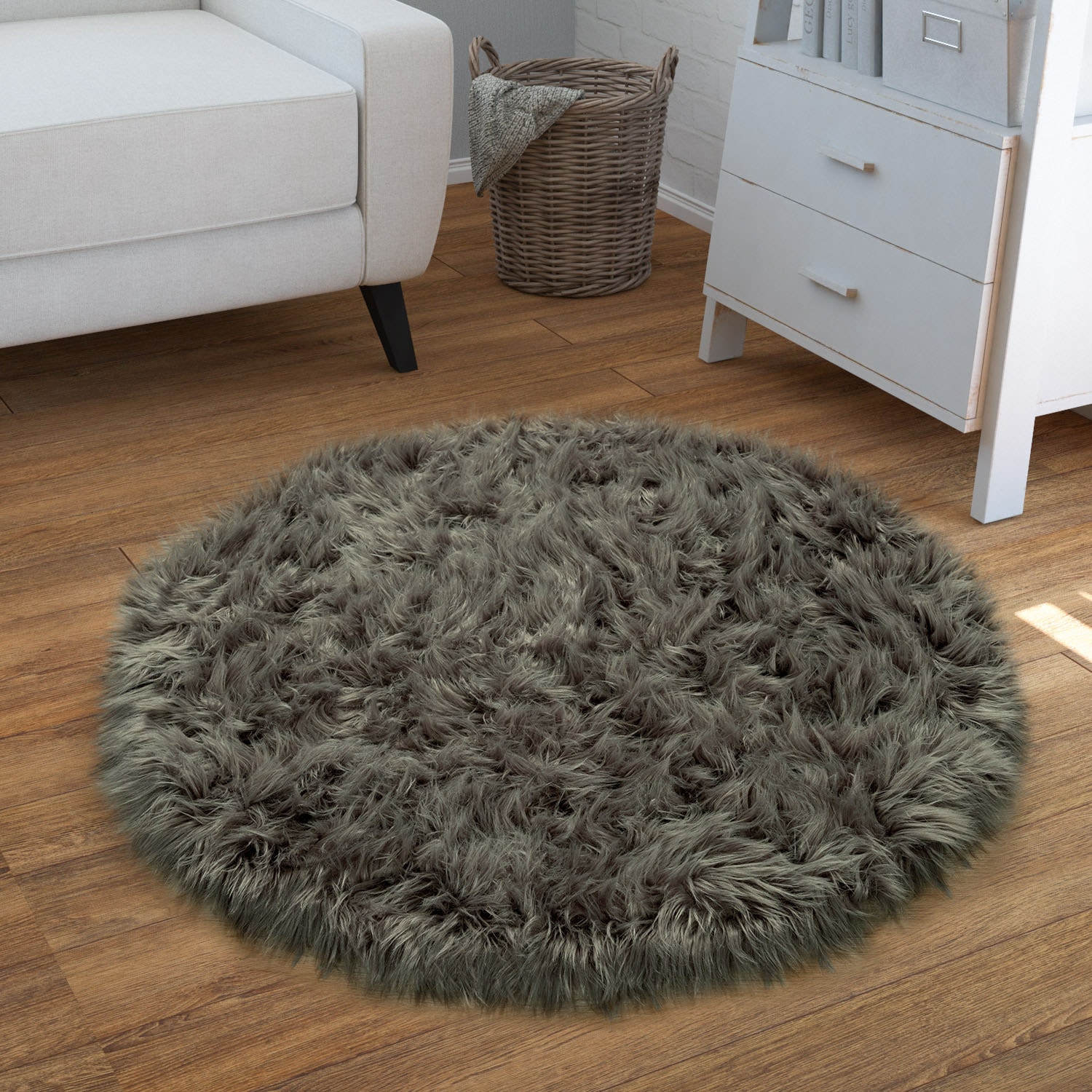 Paco Home Fellteppich »Playa 960« rund 64 mm Höhe Kunstfell, Flokati-Optik, Hochflor, weich und flauschig, Uni-Farben