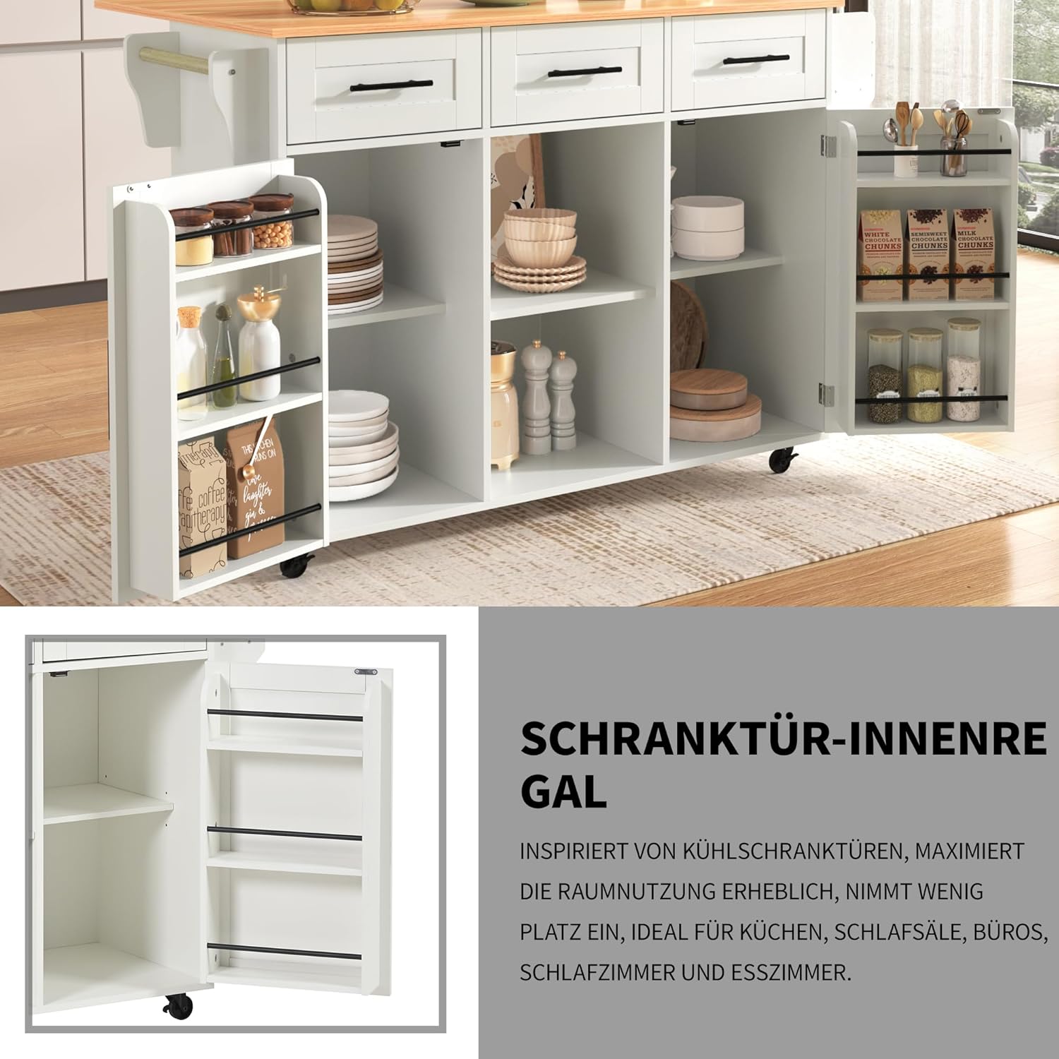 Küchenschrank mit Klappbarer Arbeitsplatte ,Kücheninsel freistehend auf 5 Rollen und 3 Schubladen Mobiler Sideboard Storage küchenschränke für Küche und Esszimmer 139x46(71) x91,5 cm(Weiß)
