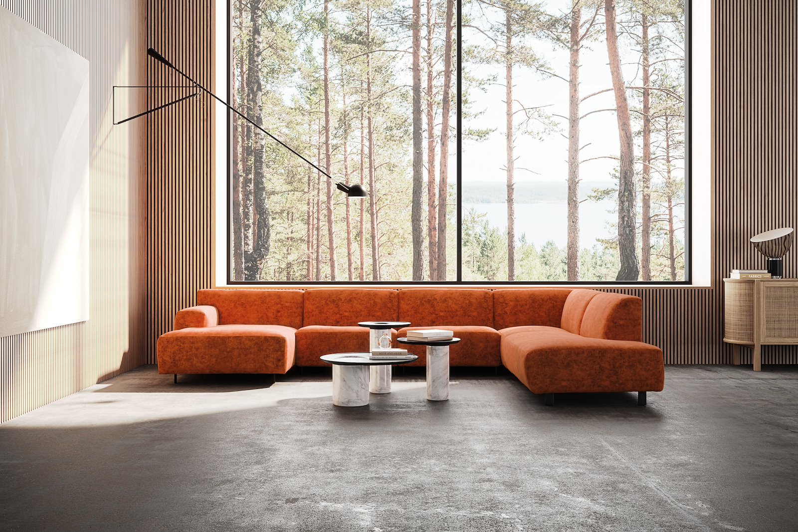 Vesta U-sofa Sjeselong venstre, 3-seter og åpen ende høyre. Big hjørnemodul, Tekstil Eros Bronze, sort metallben 10 cm, Comfort CM