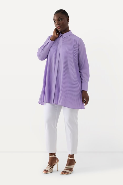 Bluse, Plissee, A-Linie, Hemdkragen, Langarm