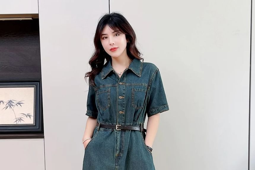 Aigan - Henley denim maxi-overhemdjurk met korte mouwen
