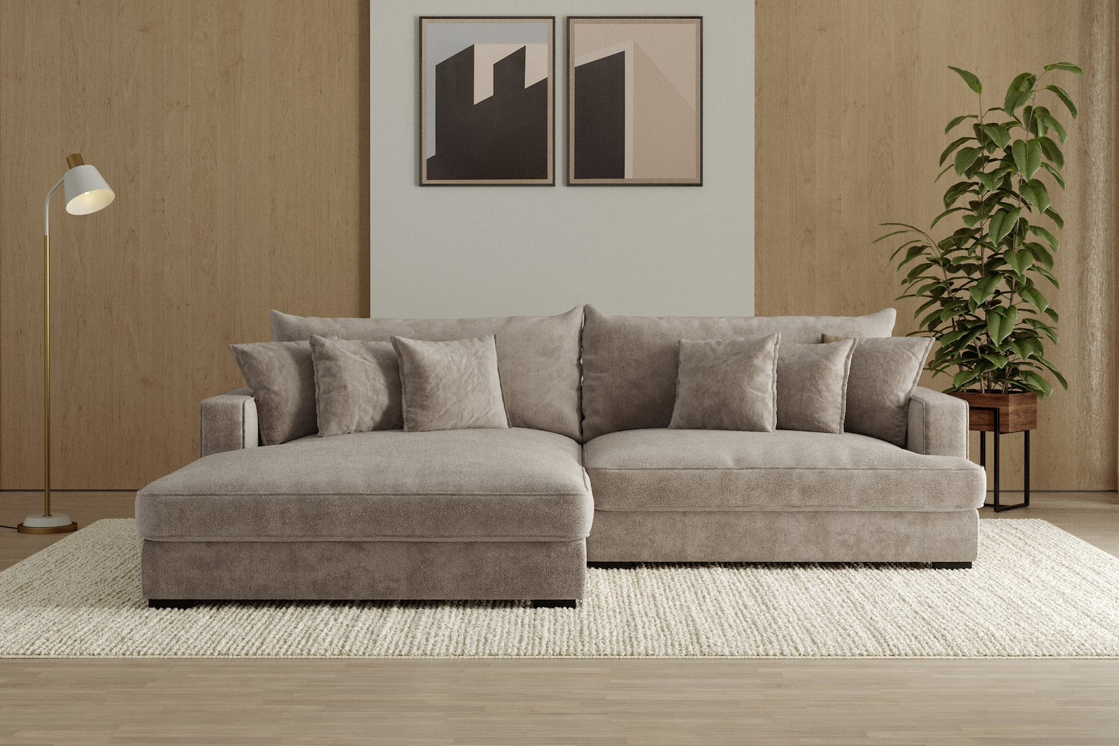 Rossi Lux 2-seter med XL sjeselong venstre Tekstil Genesis 4 Beige, arm A med sorte ben. Lux Komfort.
