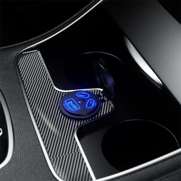 (45W) Universal USB A / 2x USB C Auto KFZ Ladegerät PD / QC mit LED Beleuchtung - Schwarz / Blau