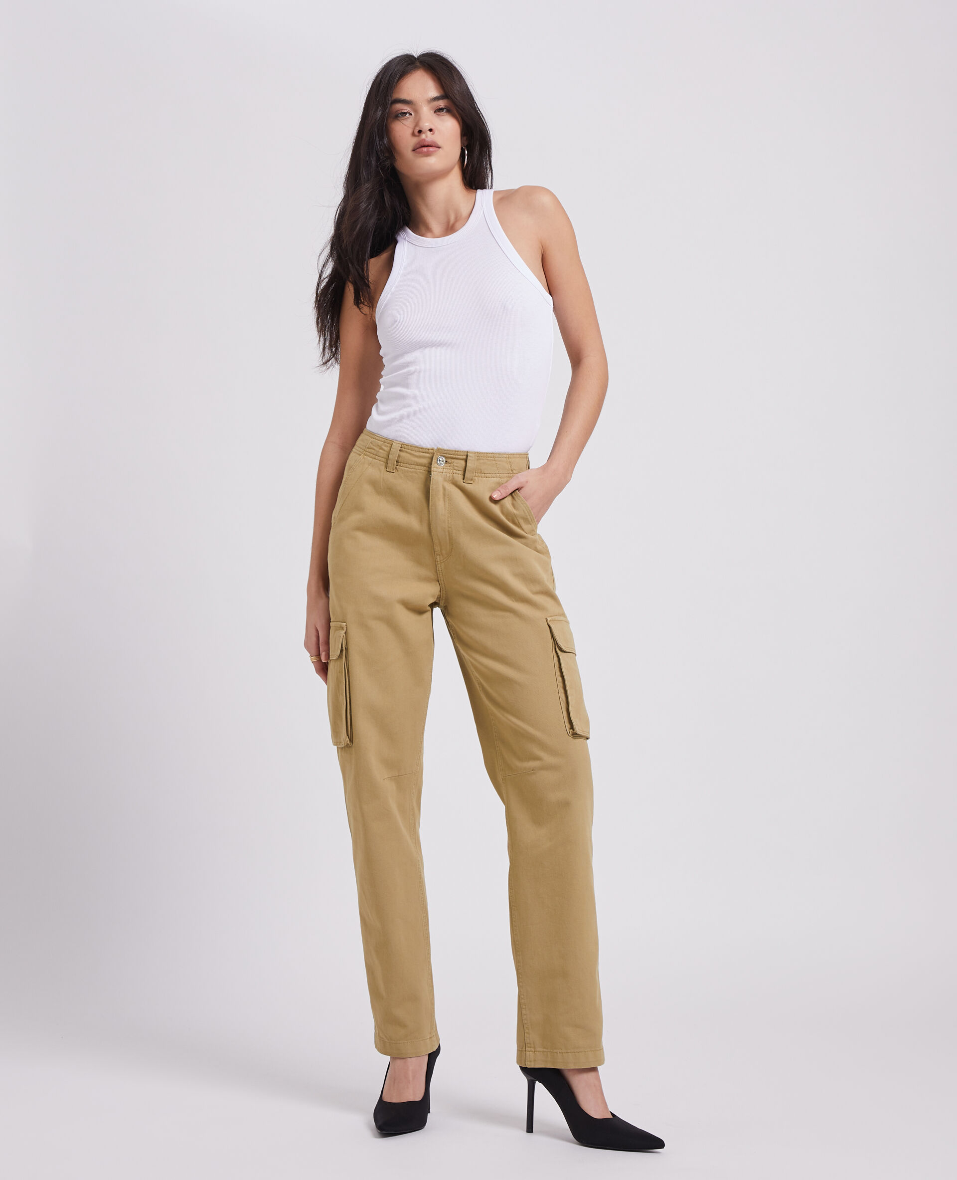 Pantalon droit cargo taille haute - Camel