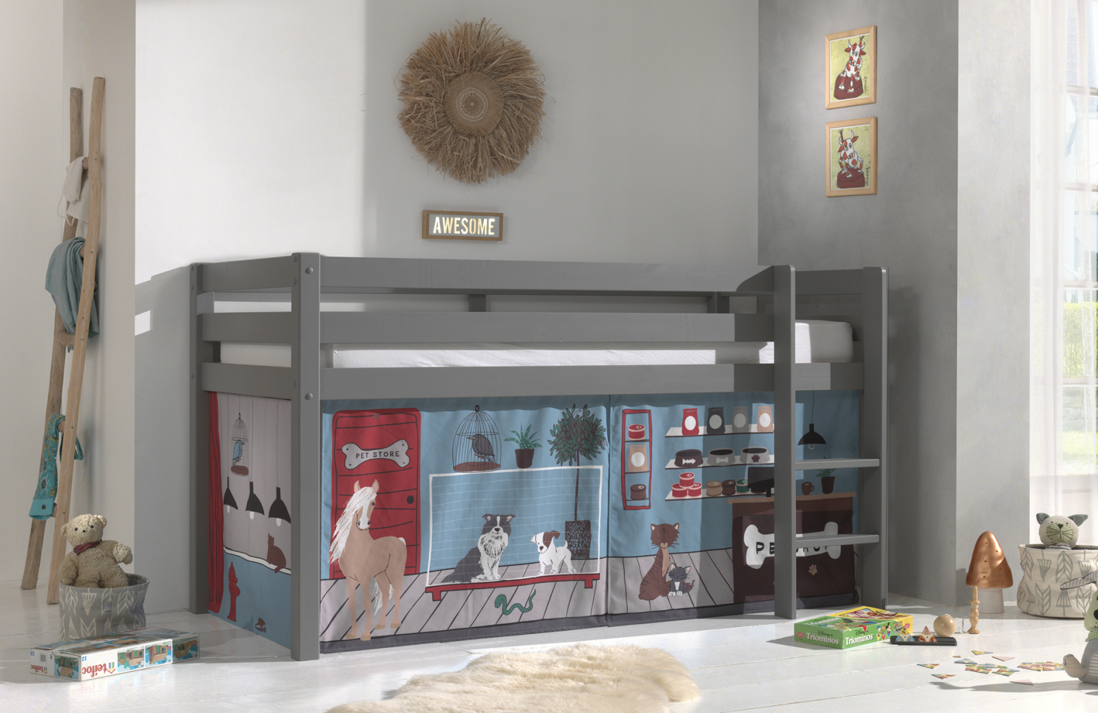 Halbhochbett PINO - PET SHOP - Kiefer grau Massivholz - 90x200 cm