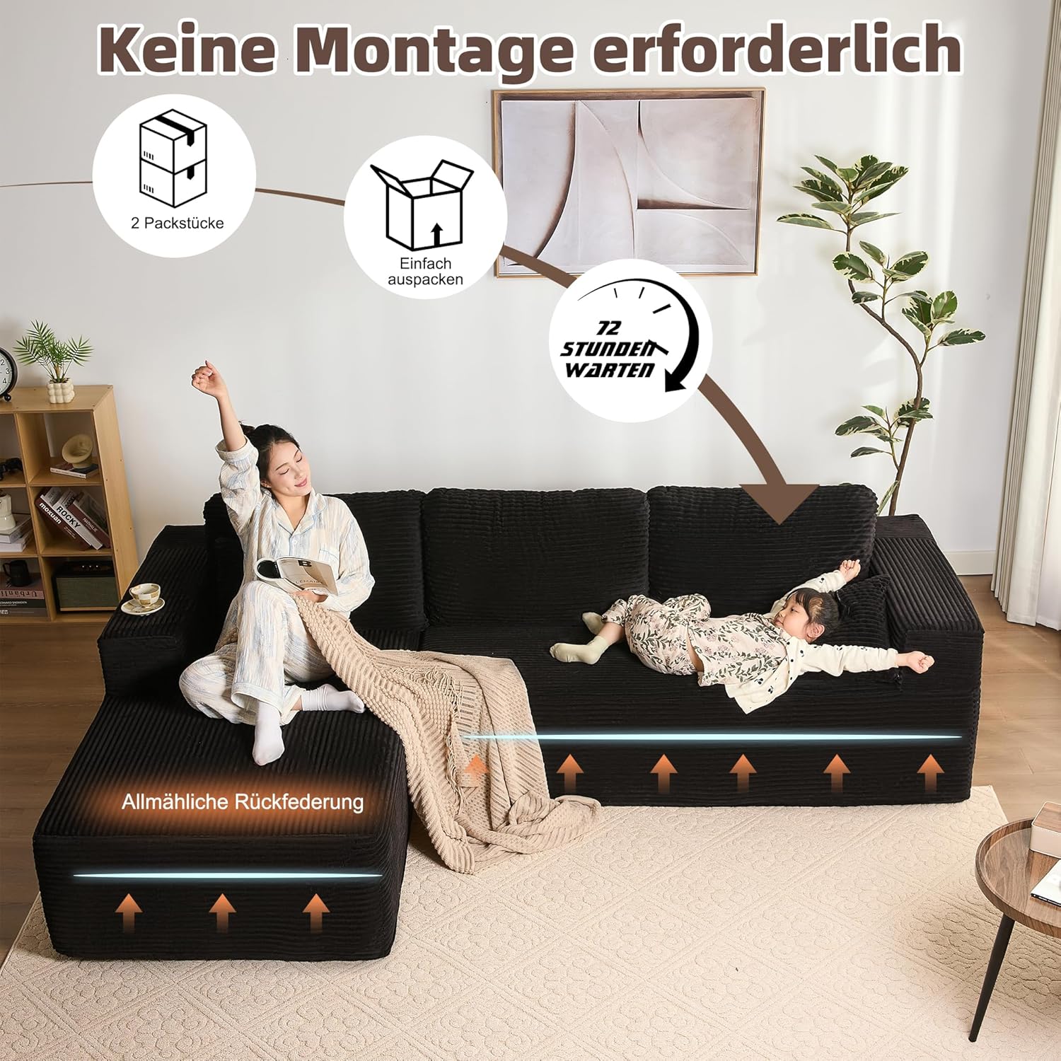 Modulares L-förmiges Ecksofa mit Schlaffunktion – rahmenloses Schlafsofa mit Chaiselongue Links, extra tiefer Sitzfläche, montagefrei, für Wohnzimmer,Schwarz