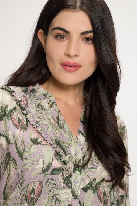 Bluse, Blüten, Stehkragen, Rüsche, Langarm, Krepp