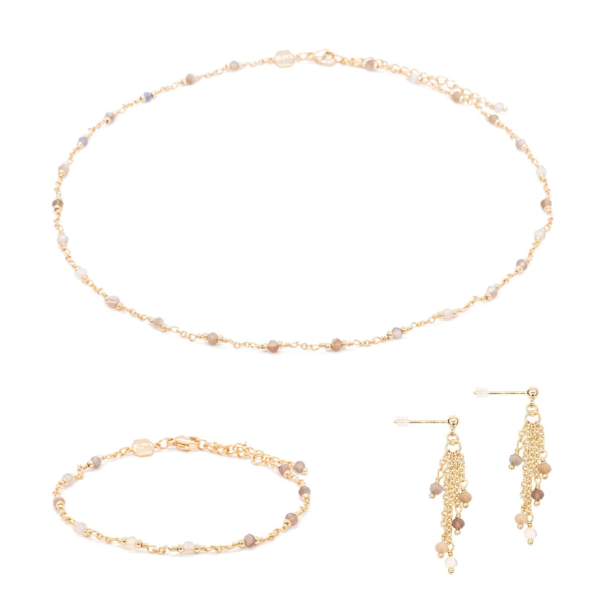 Collier, bracelet et boucles d'oreilles Bianca en pierres Agate Botswana