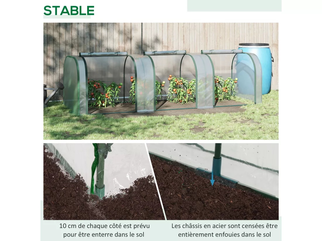 Serre de jardin tunnel 2,95L x 1l x 0,8H m 3 portes zippées bâche PVC transparent métal époxy vert