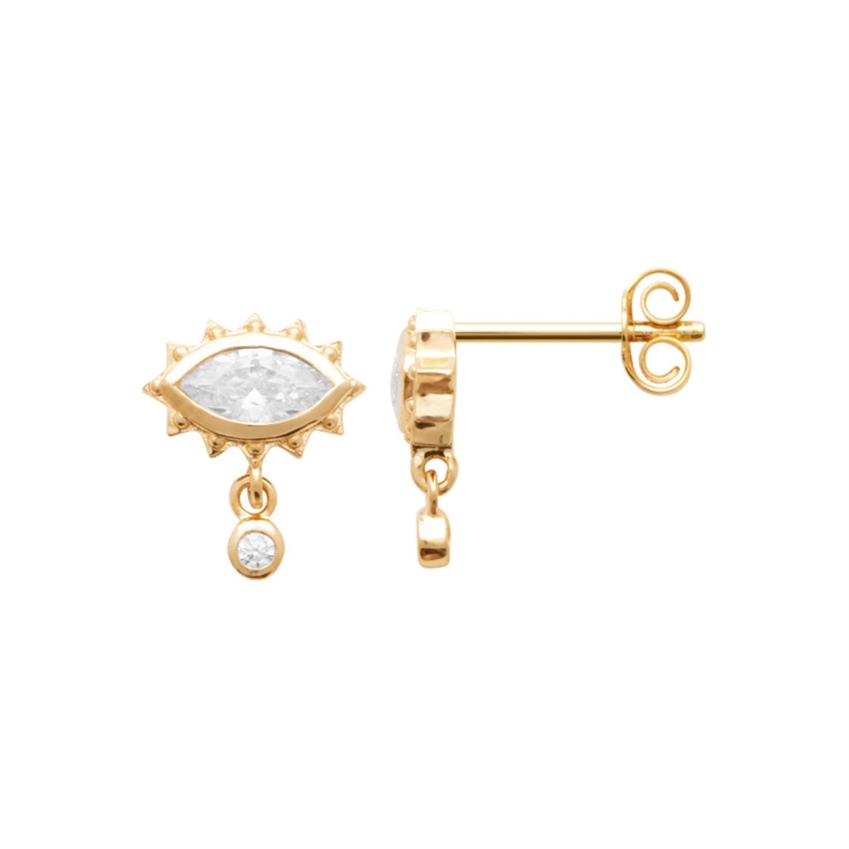 Boucles d'oreilles oeil oxyde de zirconium avec pendant rond Plaqué OR 750 3 microns