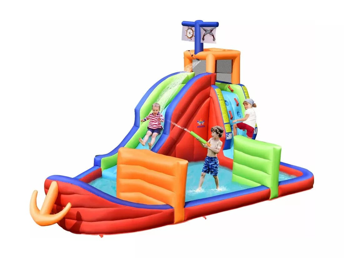 Château Gonflable Bateau Pirate 6 en 1, avec Toboggan, Mur d'escalade, Pataugeoire, Jeu de Fléchettes, Lancer d'Anneaux et Pistolets à Eau (avec Souffleur)
