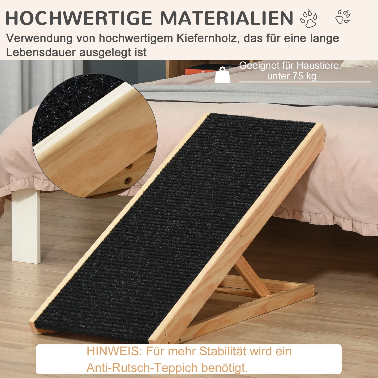 PawHut Hunderampe Für Ältere oder Kranke Tiere, Einstellbare Höhe, Hochwertiges Kiefernholz Schwarz, Naturholz 90 x 40 x 61 cm (BxTxH)
