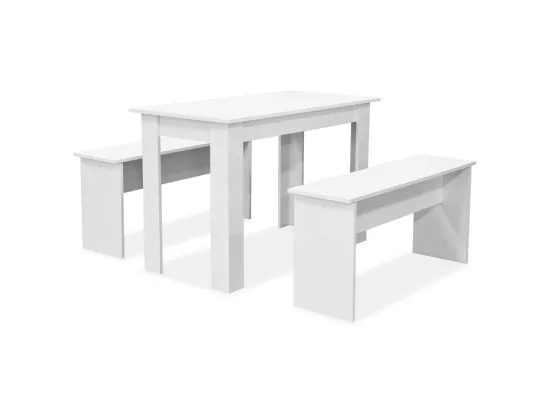 Table de salle à manger et bancs 3 pcs Bois d'ingénierie Blanc