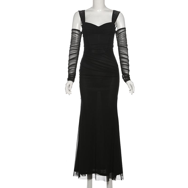 HERMITAKH - Lange mouw off-shoulder effen geplooide mesh maxi zeemeerminjurk