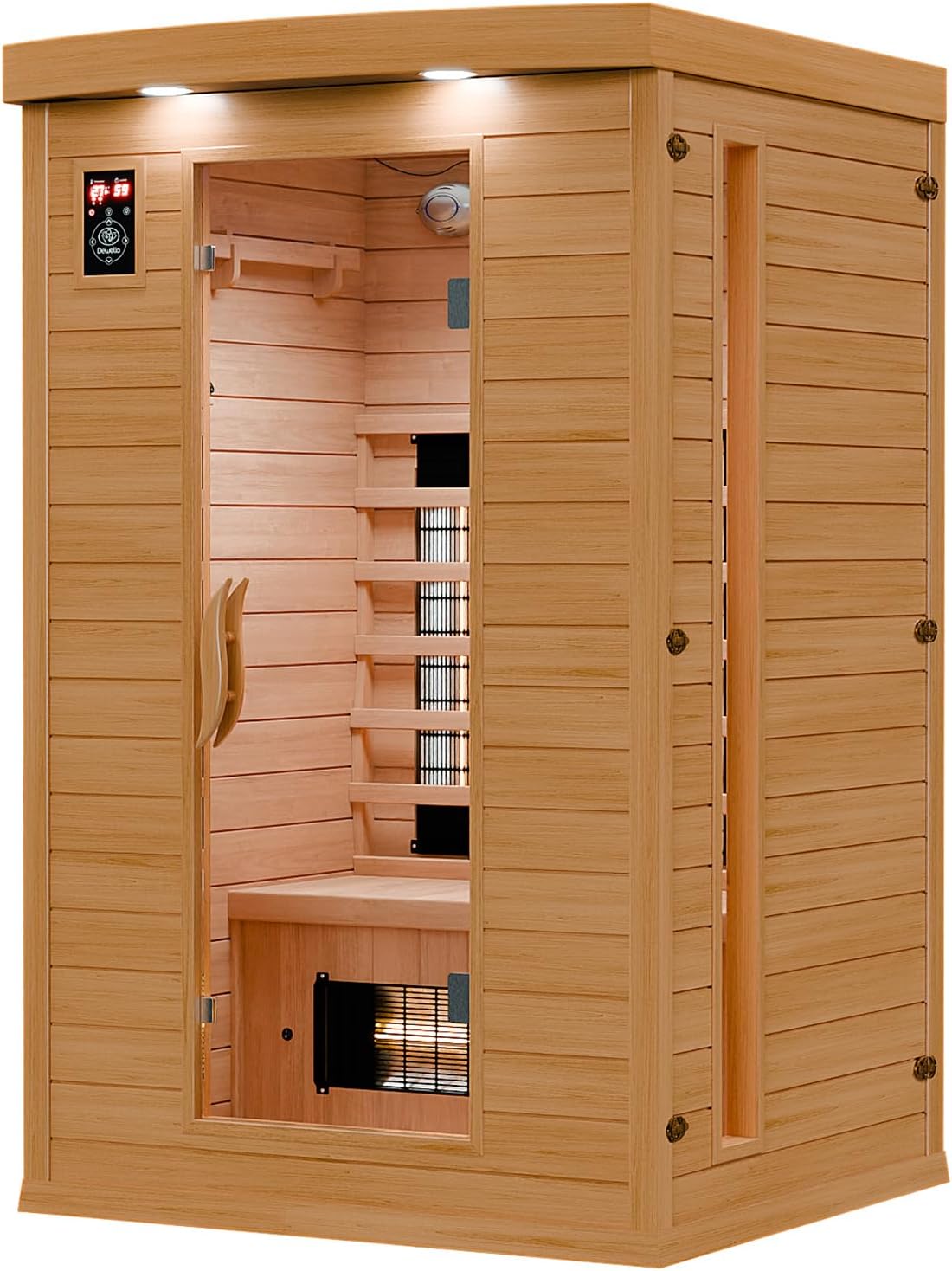 Dewello® Infrarotkabine Infrarotsauna Hyder 115x105 für 1-2 Personen aus Hemlock Holz mit Vollspektrumstrahler, LED-Farblicht, Bluetooth, FM,MP3,USB