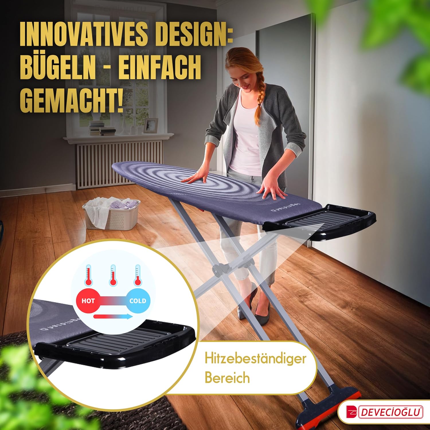 DEVECIOĞLU Bügelbrett 127x46cm - XL Bügeltisch für Dampfbügelstation, Bügelbrett Groß, klappbarer Bügeltisch, höhenverstellbar, Ironing Board, (MM126)