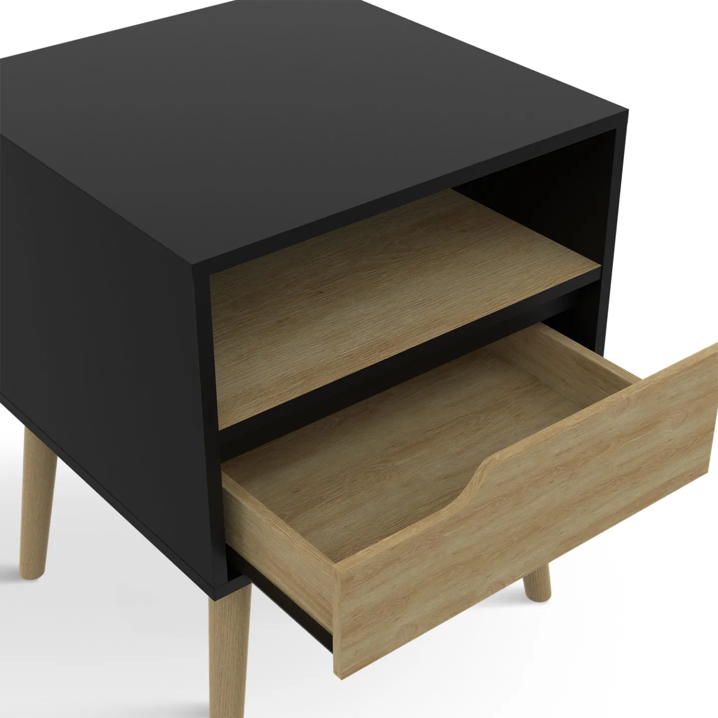 Lot de 2 tables de chevet HELSINKI scandinaves 1 tiroir avec niche noir et effet hêtre