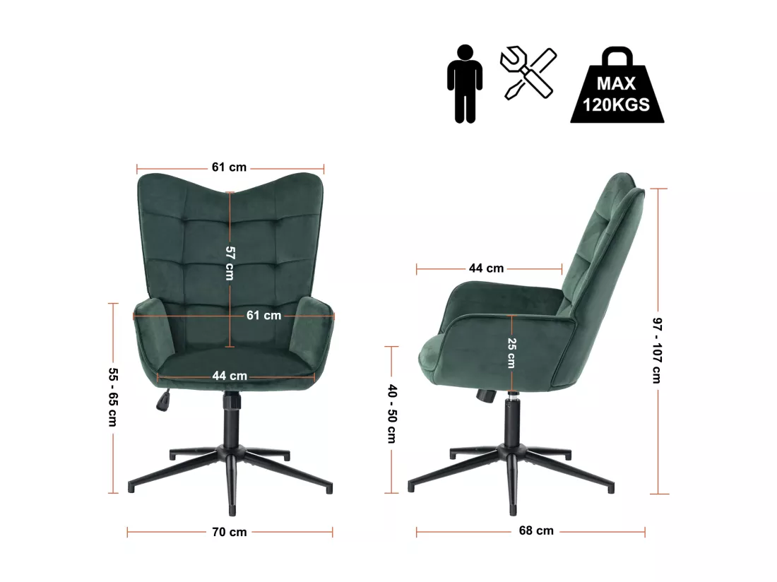 URBAN MEUBLE Fauteuil de bureau scandinave avec accoudoirs, 360°, en velours vert IRIS SMALL VELVET GREEN