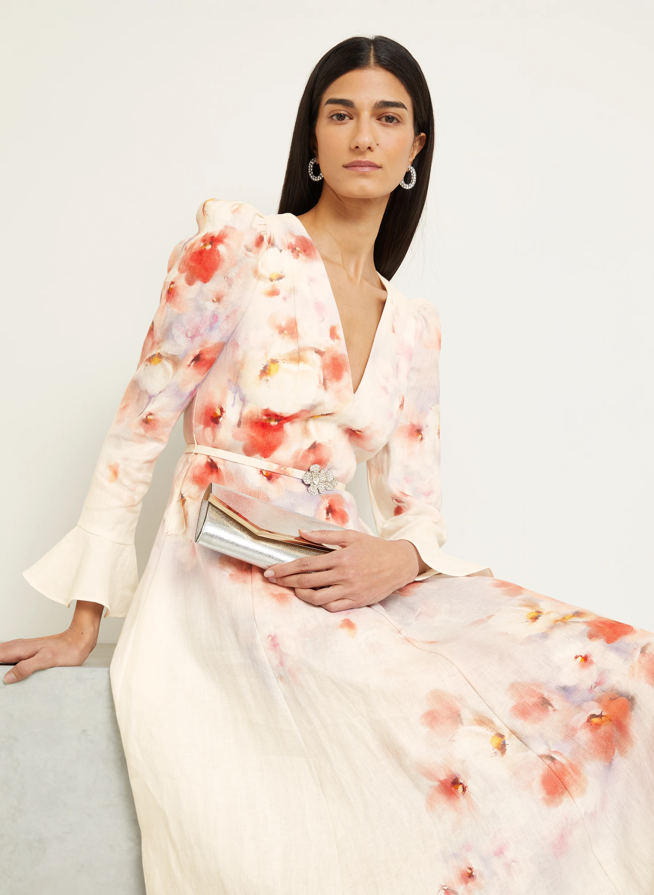ZIMMERMANN Leinenkleid mit Volants und Schmucksteinen