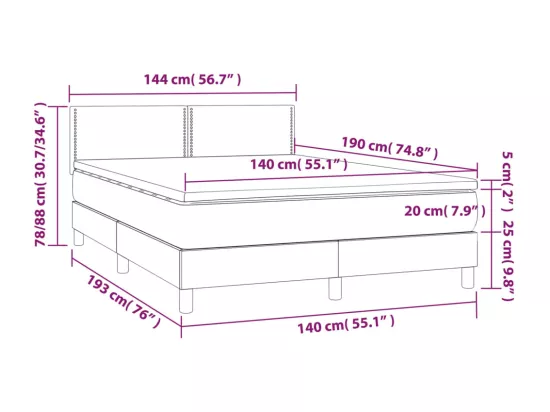 Sommier tapissier avec matelas et LED Rose 140x190 cm Velours