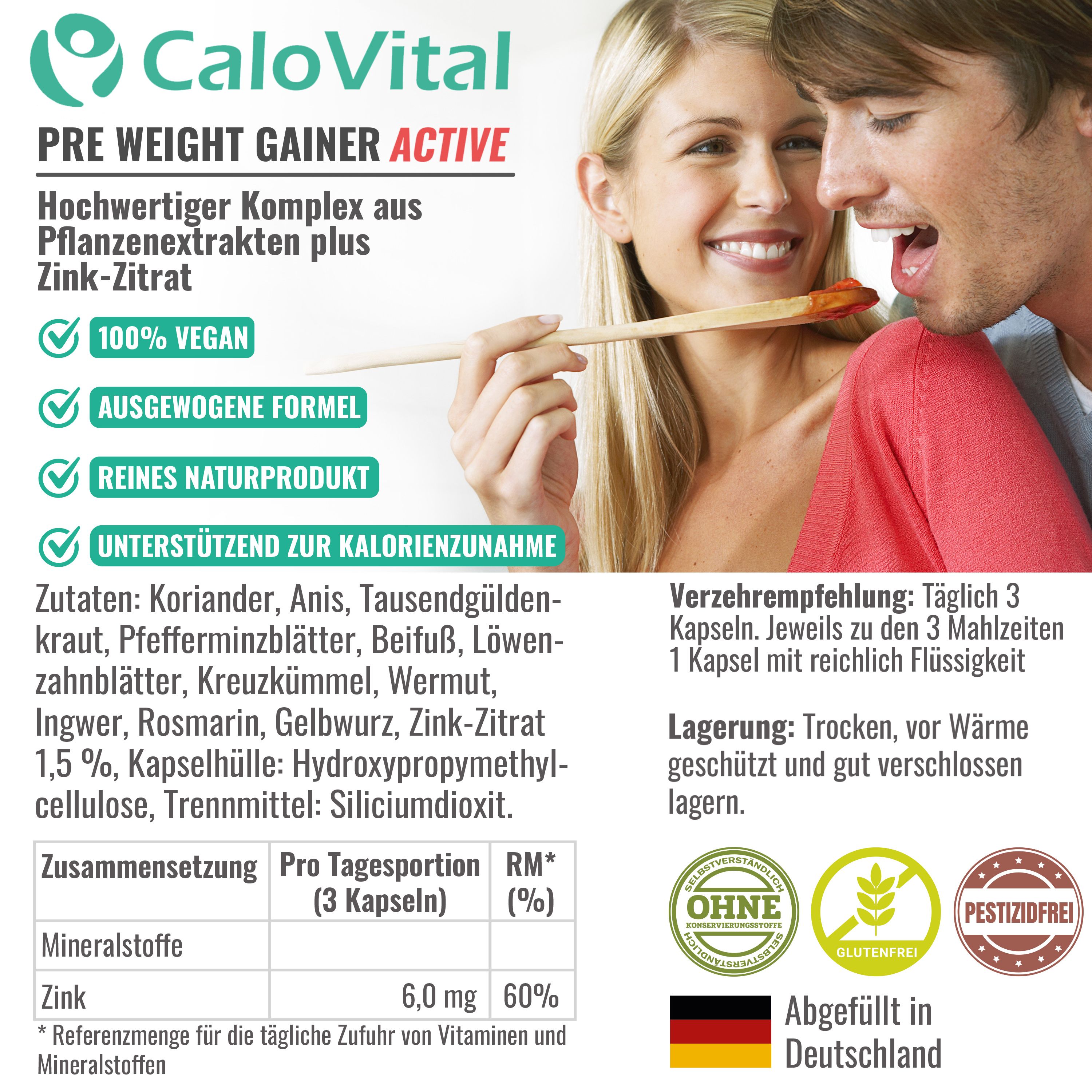 CaloVital Natürlicher Kräuter-Komplex  aus  Pflanzenextrakten + Zink-Zitrat für Gewichtszunahme