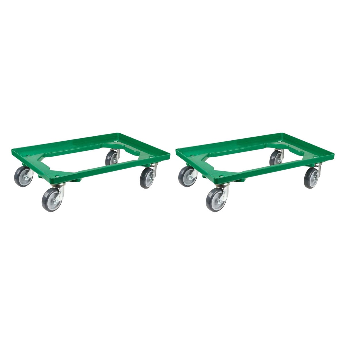 PROREGAL Voordeelset 2x Transportwagens voor Euroboxen 60 x 40 cm met Rubberen Wielen, Groen, Open Dek, 2 Zwenkwielen en 2 Bokwielen, Draagvermogen 300 kg