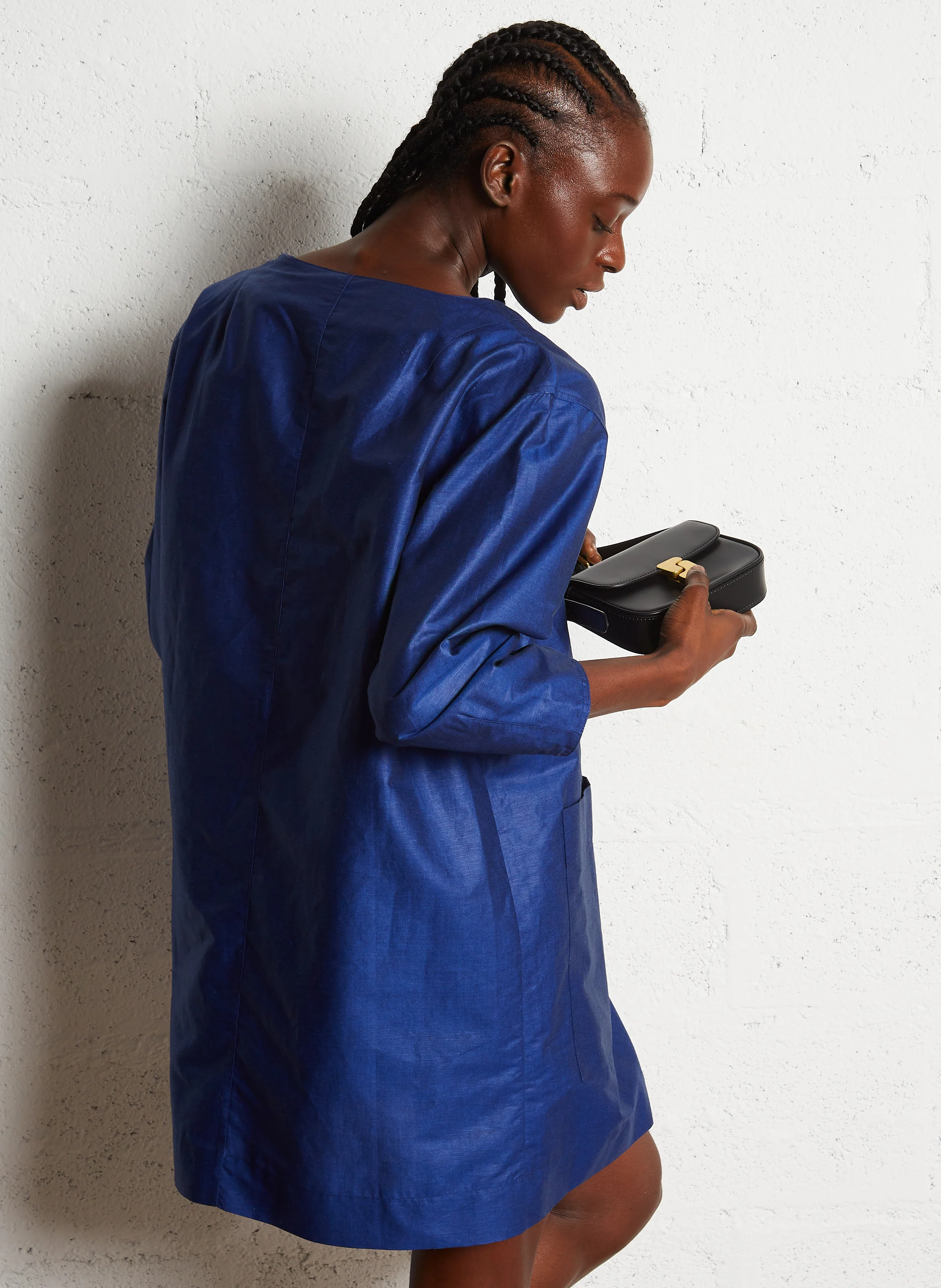CYBELE - Robe courte ample col tunisien en lin et coton mélangé | Bleu
