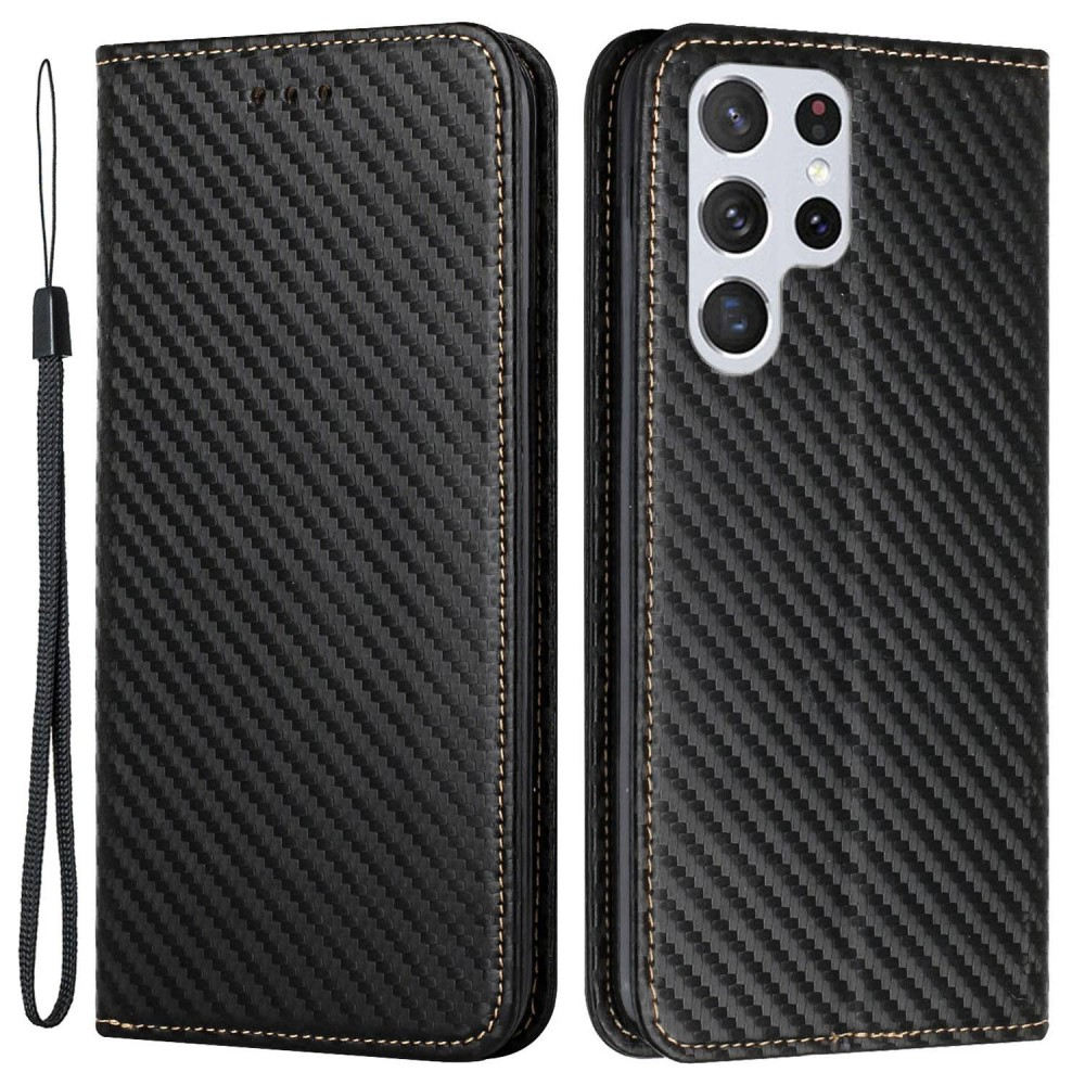 Samsung Galaxy S23 Ultra 5G Leder Tasche Flip Cover Carbon Look - Schwarz