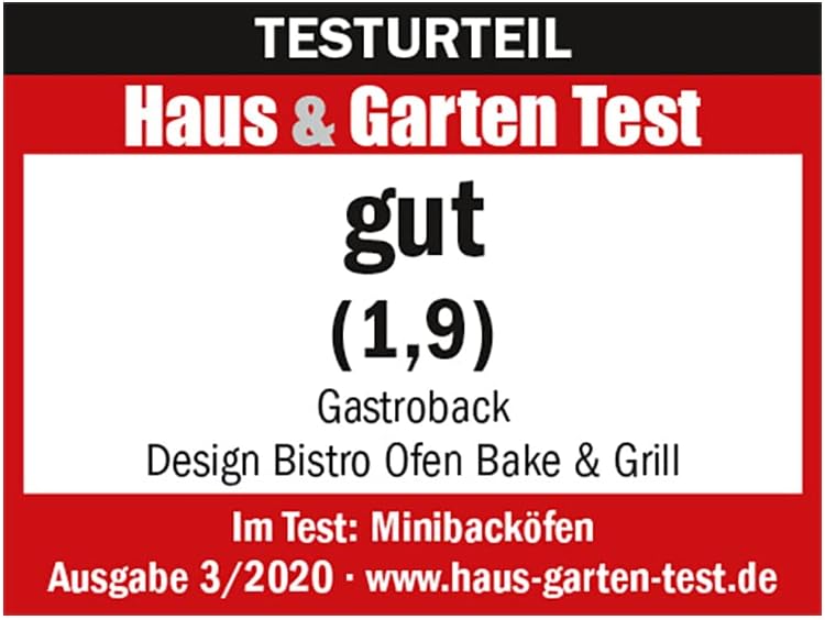 GASTROBACK Design Mini-Backofen Bake & Grill - Minibackofen mit Umluft, 26 L, 5 Funktionen bei 30°C - 230°C, Cool Touch Gehäuse - 30 cm Ø Pizzastein, Backblech, Grillrost und Grillspieß