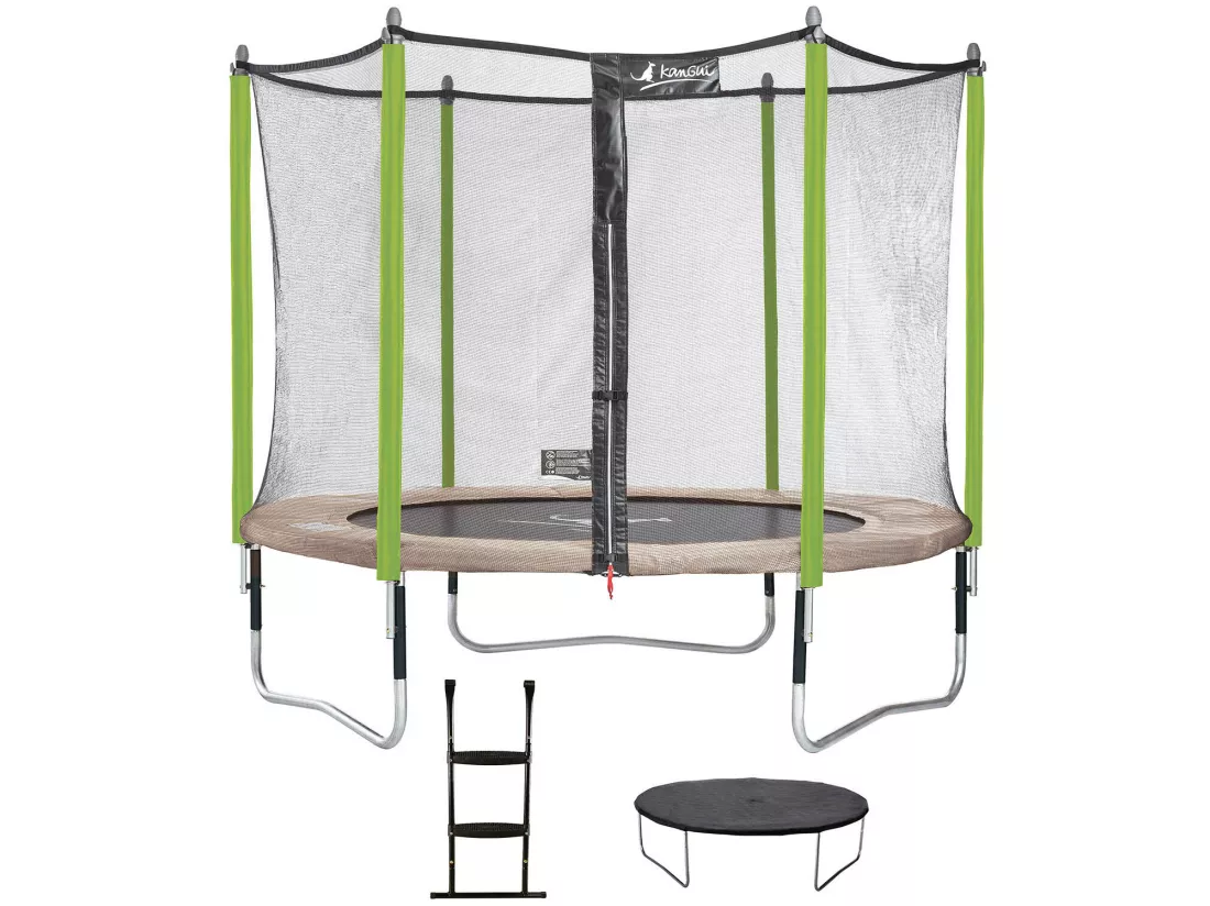 Kangui - Trampoline de jardin 305 cm + filet de sécurité + échelle + bâche de protection JUMPI Taupe/Vert 300.