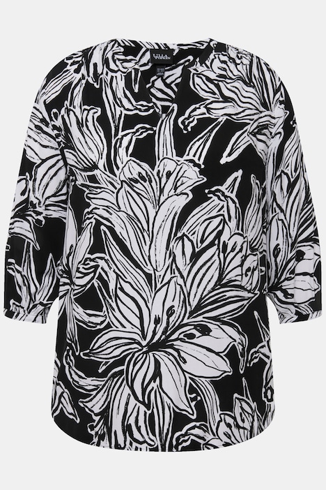 Tunika, Blüten, A-Linie, Tunika-Ausschnitt, 3/4-Arm