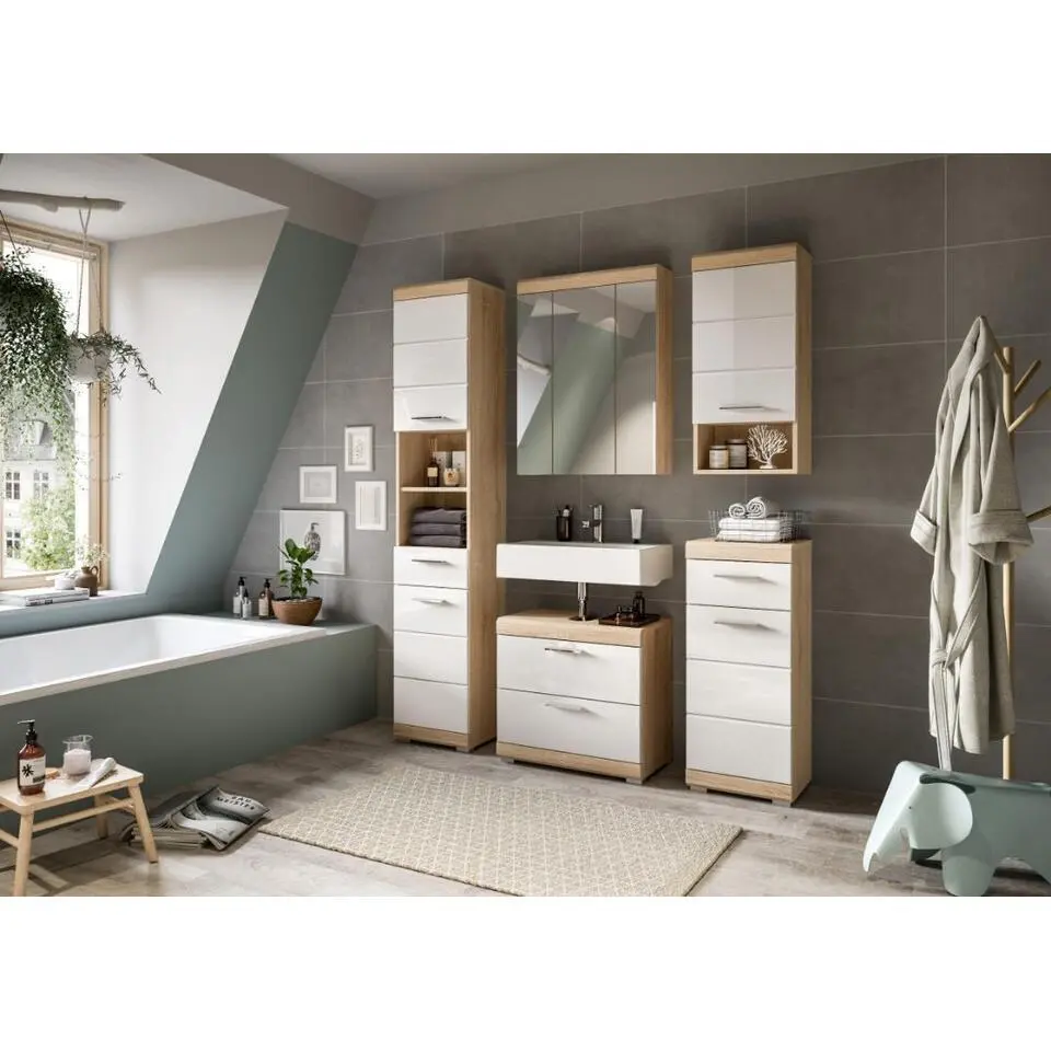 Hioshop Lambada wastafel 2 deuren- 2 lades- 2 planken wit hoogglans- eiken