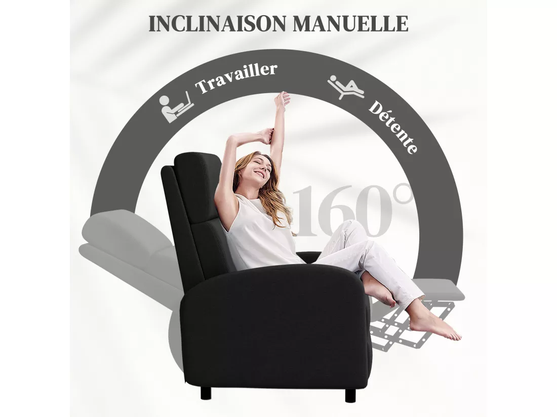 Fauteuil de relaxation inclinable réglable repose-pied tissu noir