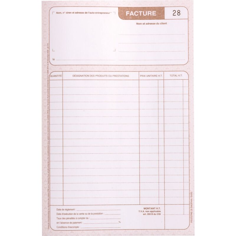 Manifold facture auto entrepreneur Le dauphin autocopiant 14,8 x 21 cm 50 pages double exemplaires