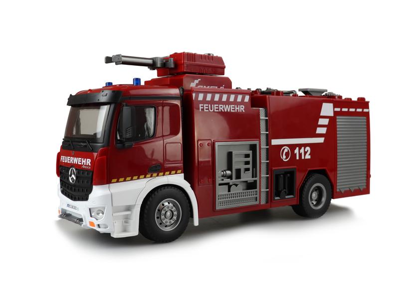Amewi Mercedes Benz Arocs Feuerwehr Löschfahrzeug RTR, 1:18 Realistisches Feuerwehrauto mit Beleuchtung, Soundeffekten und Wasserwerfer