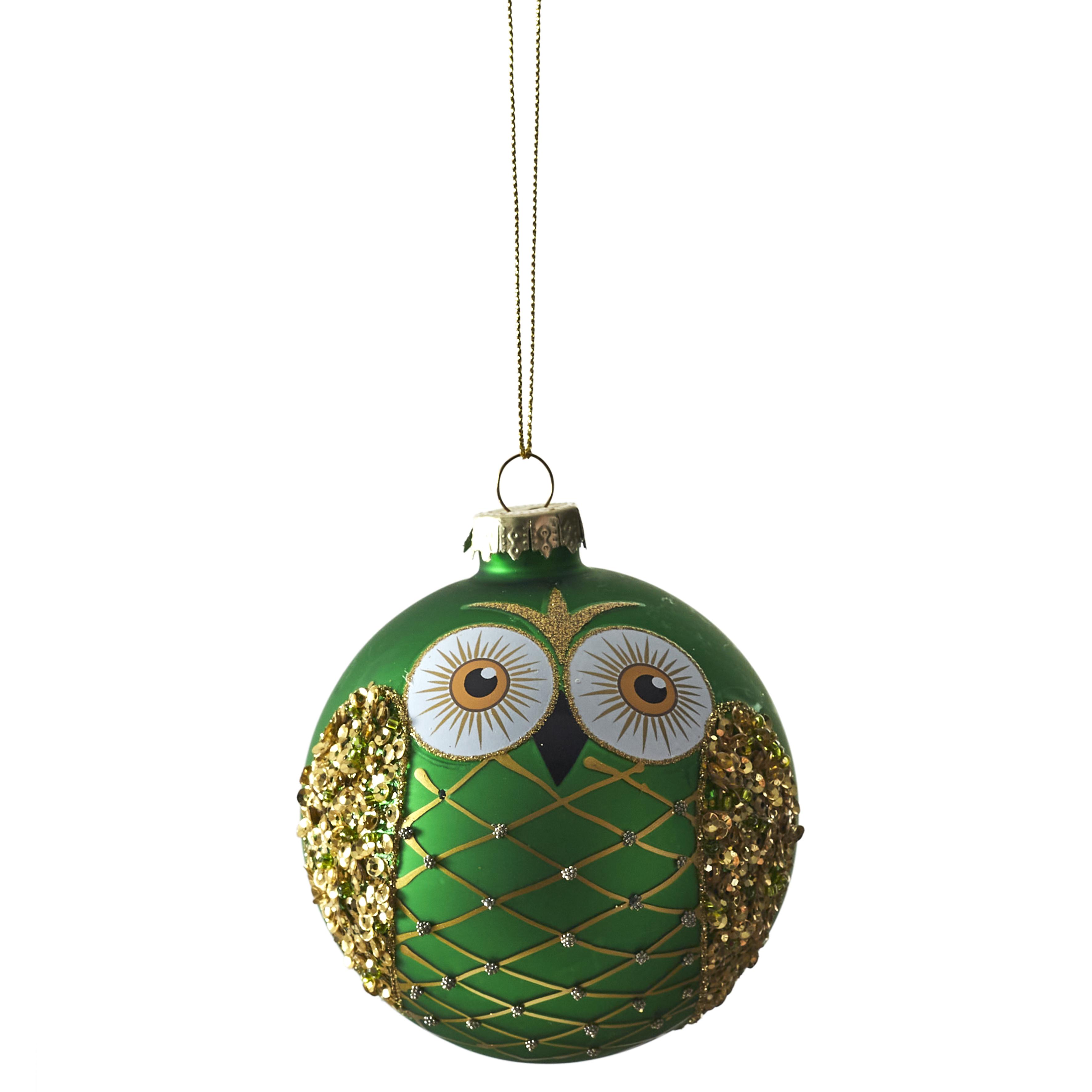 BOULE NOEL VERRE HIBOU VERT D.8CM