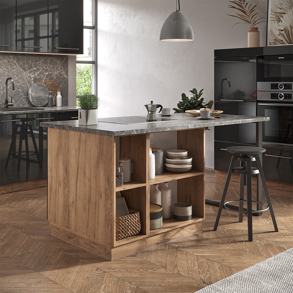 Vicco Kücheninsel Küchenblock Einbauküche Fame-Line Eiche Anthrazit 90 cm modern Hochglanz Küchen Schränke Apothekerunterschrank Schubunterschrank Regalinselunterschrank Softclose-Scharnier Küchenmöbel