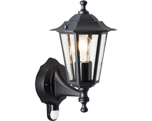 Sensor geactiveerde buitenwandlamp, staand, IP44, 1-lichts, HxBxD 305x235x190 mm, Carleen, zwart metaal met bewegingsmelder