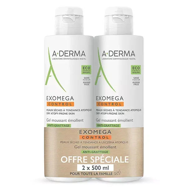 A-Derma Exomega Control Gel Emoliente Espumante Anti-Arranhão, Pacote com 2 x 500ml