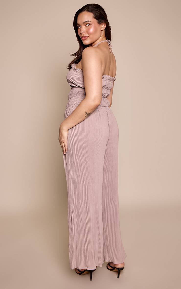 Taupe Combinaison-pantalon Grande Taille Plissée À Encolure Américaine Et Jambes Larges