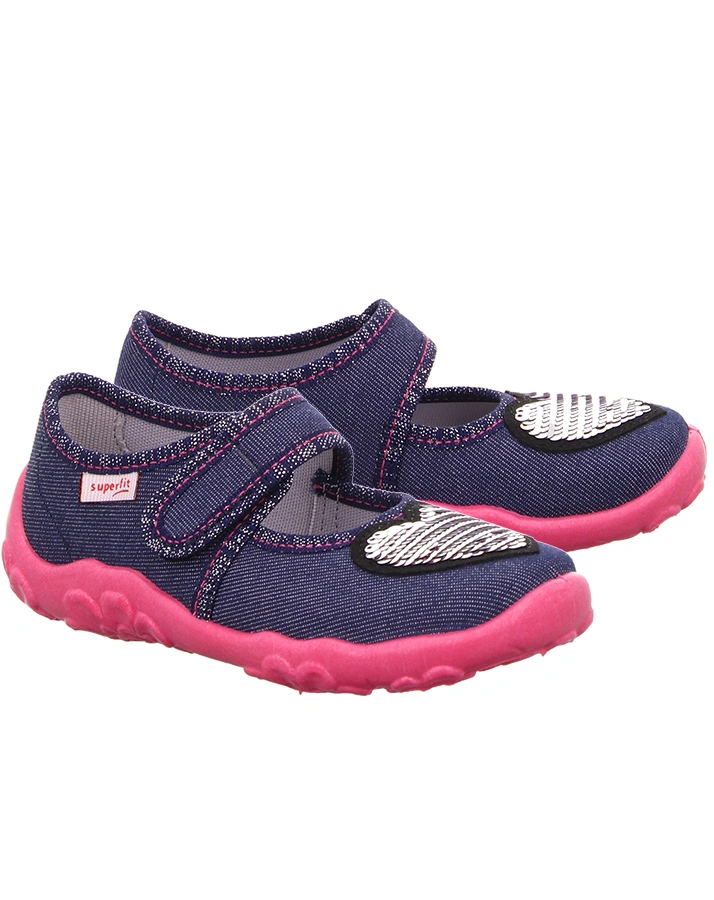 Spangen-Hausschuhe BONNY – HERZ mit Wendepailletten in denim blau/pink