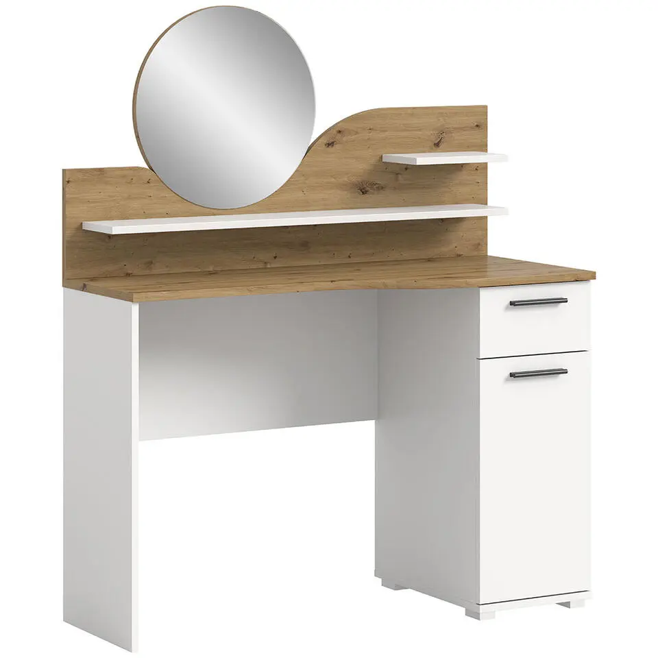 Hioshop Vanity kaptafel met spiegel 1 lade 1 deur 2 planken wit