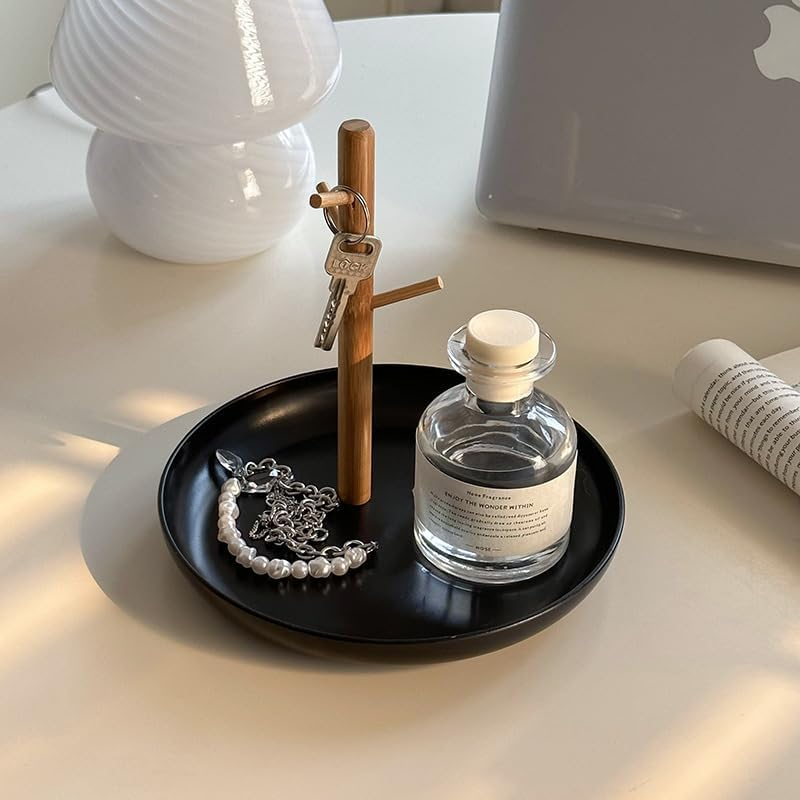 (Ø20x19cm) Home Deko Teller Ablage mit Holz Halterung für Schlüssel / Schmuck / Kosmetik - Schwarz