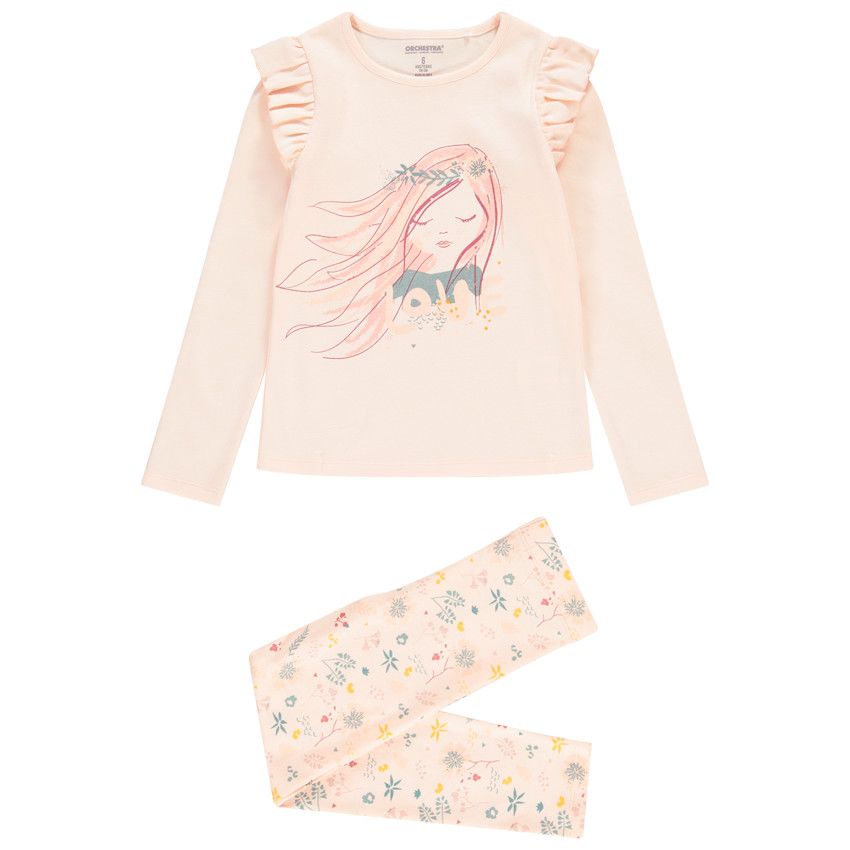 Pyjama 2 pièces manches longues fantaisie pour fille - Rose