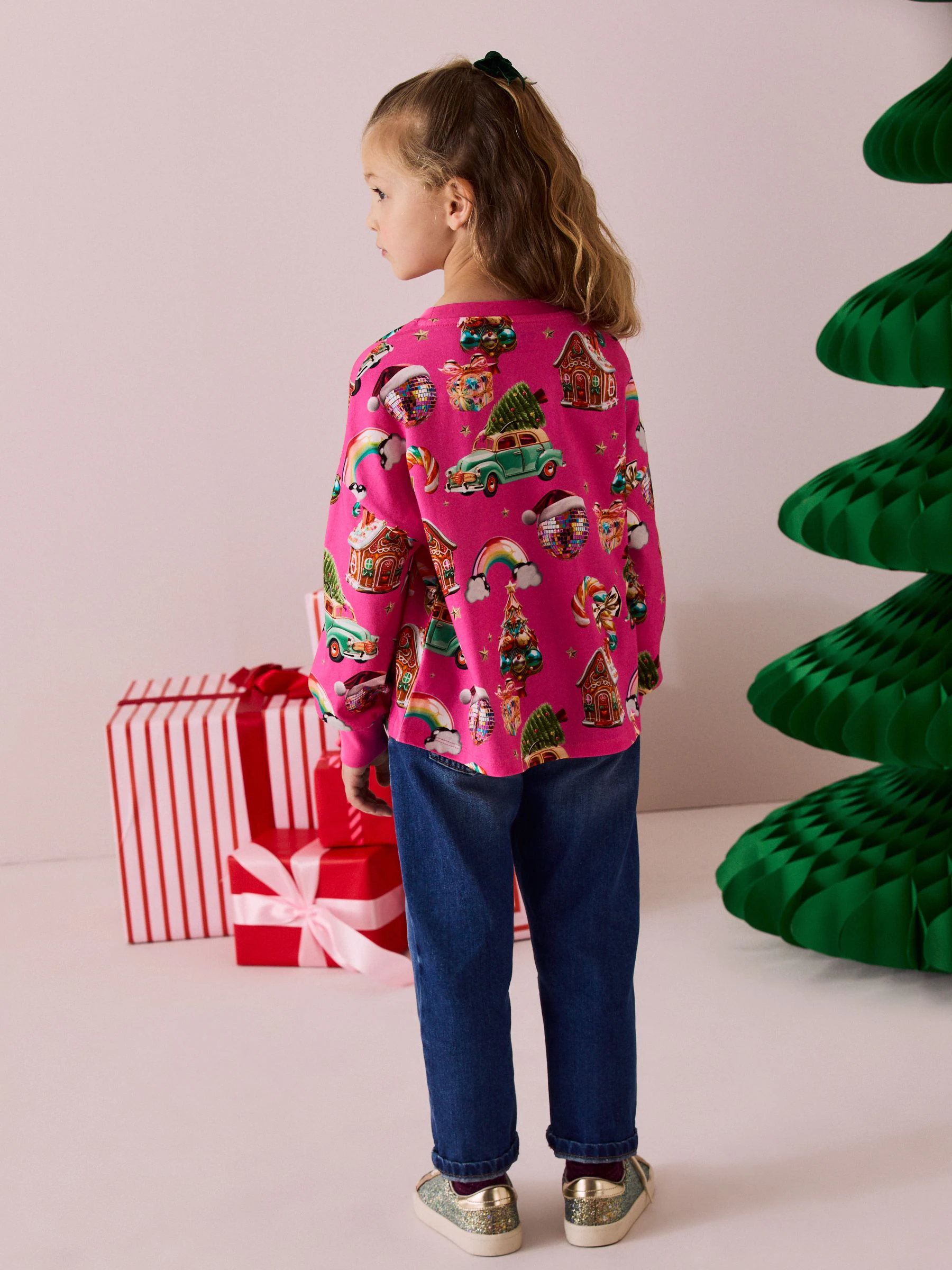 Roze - Kersttop met lange mouwen van 100% katoen (3-16jaar)