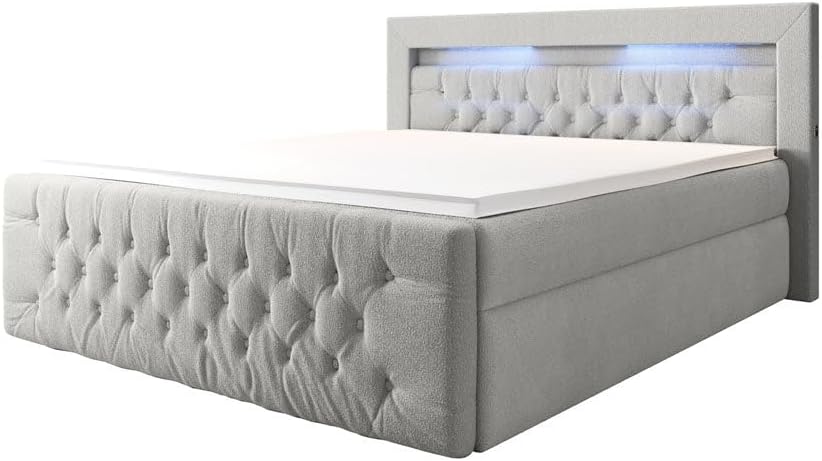 Luxusbetten24 Boxspringbett Menzogna Bouclé 160x200 mit LED-Beleuchtung und Stauraum | Bezug: Bouclé | Farbe: Hellgrau | Härtegrad: H4 (100kg+)
